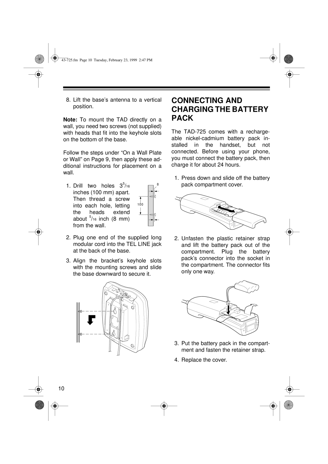 Radio Shack TAD-725 owner manual Connecting and Charging the Battery Pack 