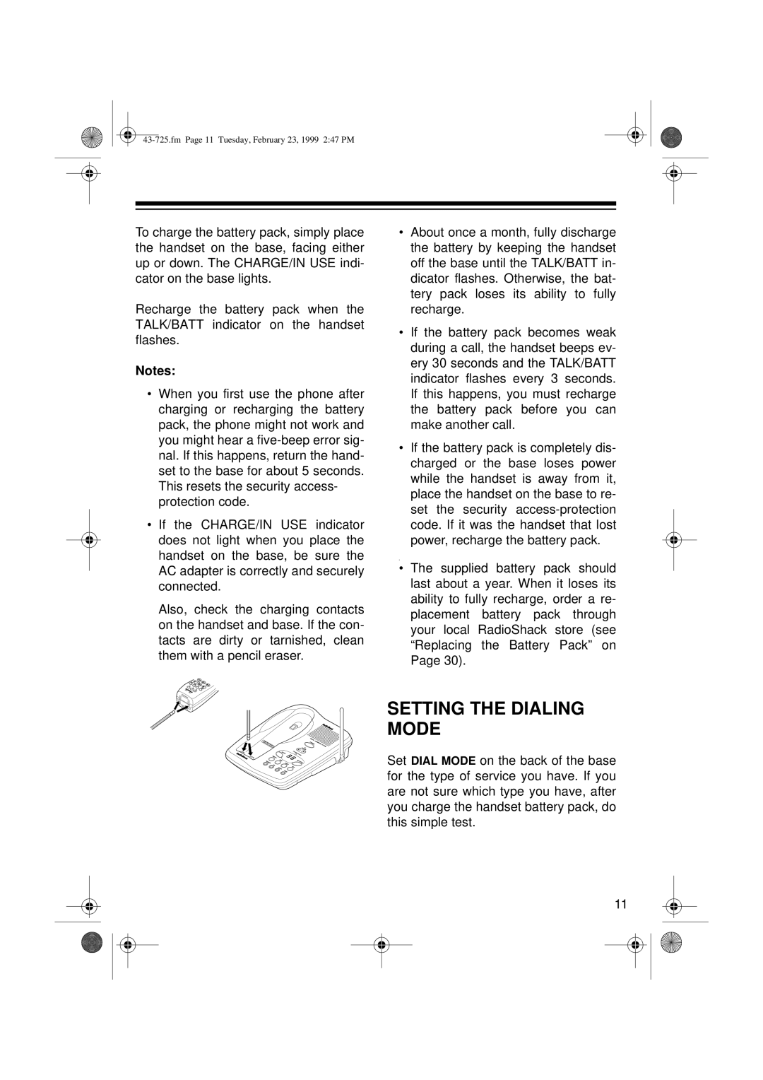 Radio Shack TAD-725 owner manual Setting the Dialing Mode 