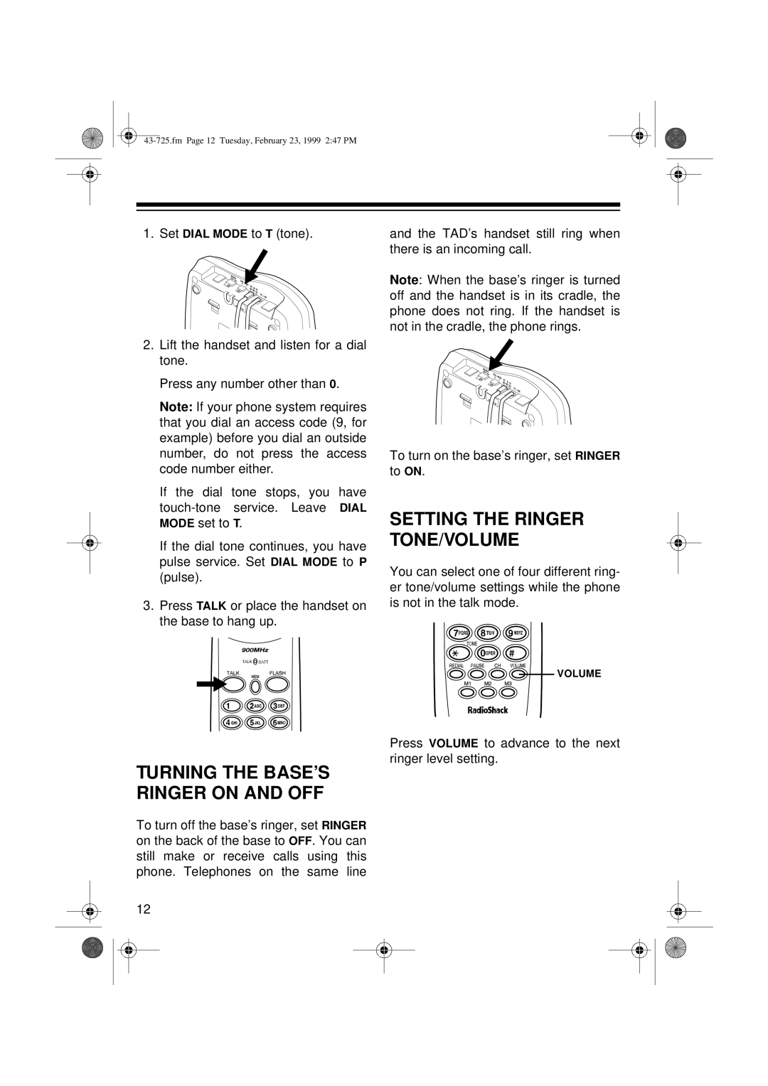 Radio Shack TAD-725 owner manual Setting the Ringer TONE/VOLUME, Turning the BASE’S Ringer on and OFF 