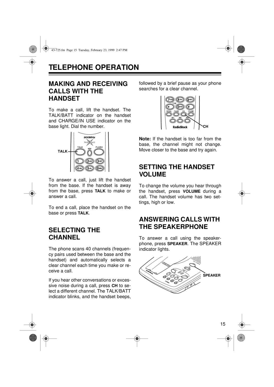 Radio Shack TAD-725 Telephone Operation, Making and Receiving Calls with the Handset, Setting the Handset Volume 