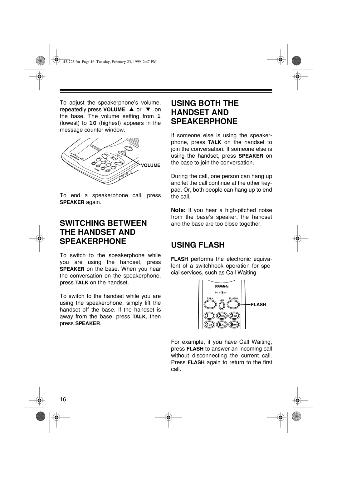 Radio Shack TAD-725 Switching Between the Handset and Speakerphone, Using Both Handset Speakerphone, Using Flash 