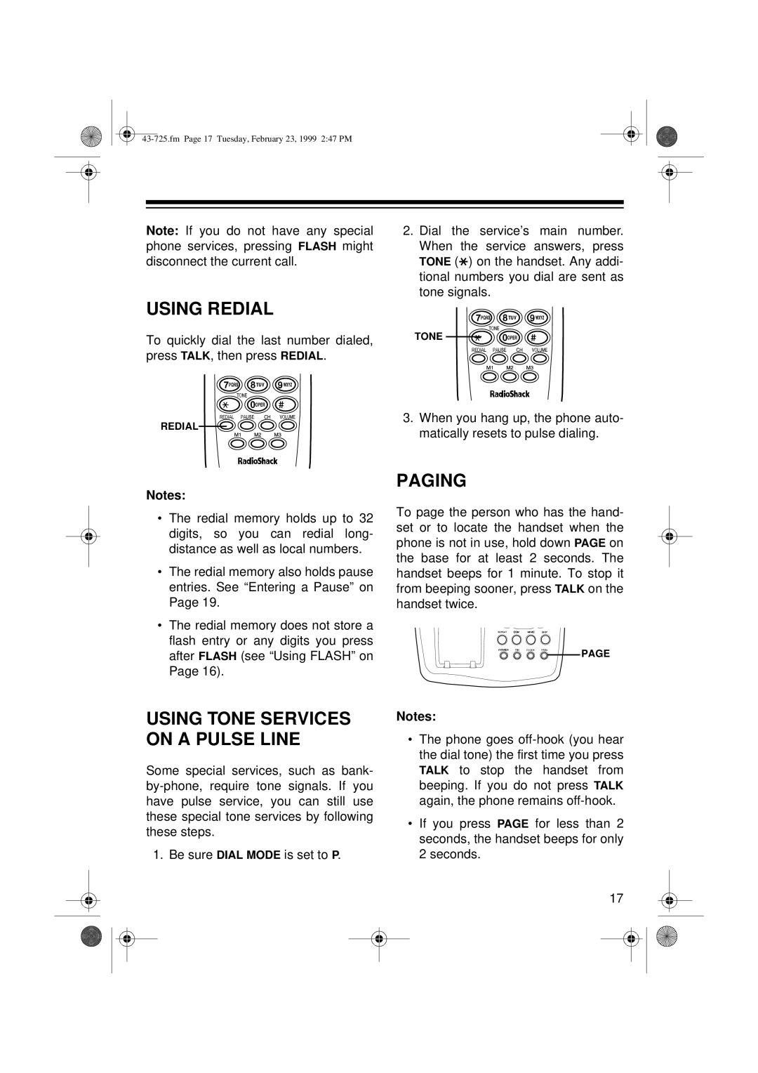 Radio Shack TAD-725 owner manual Using Redial, Paging 