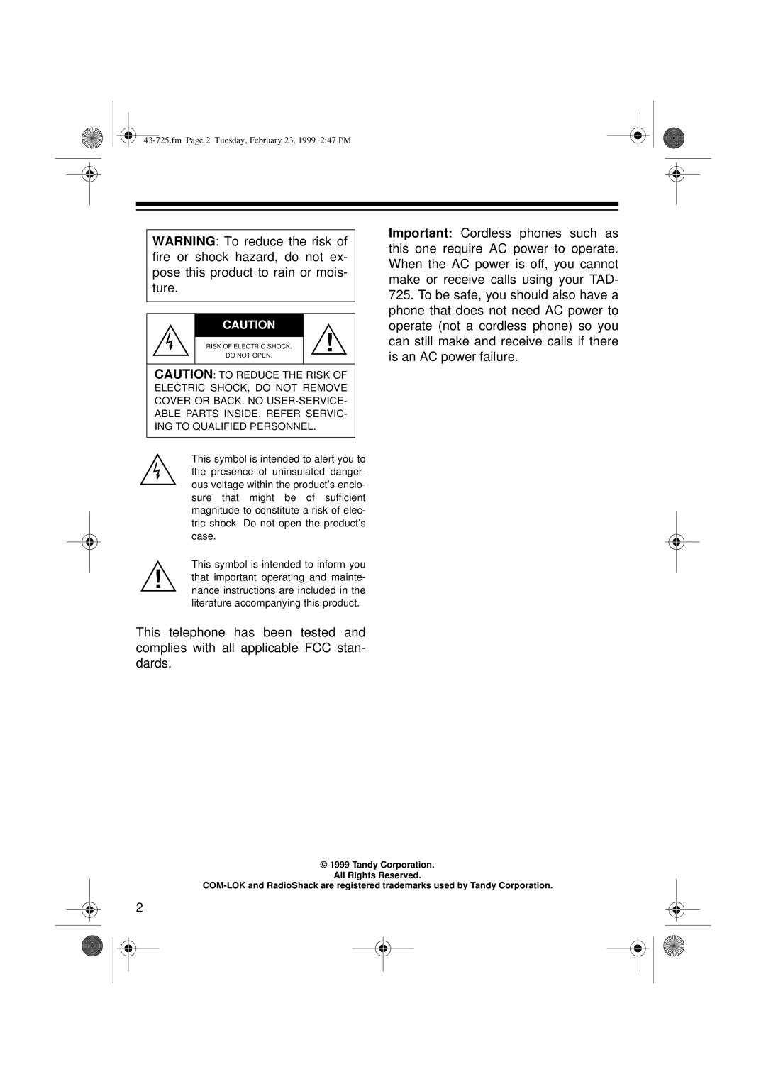 Radio Shack TAD-725 owner manual Fm Page 2 Tuesday, February 23, 1999 247 PM 