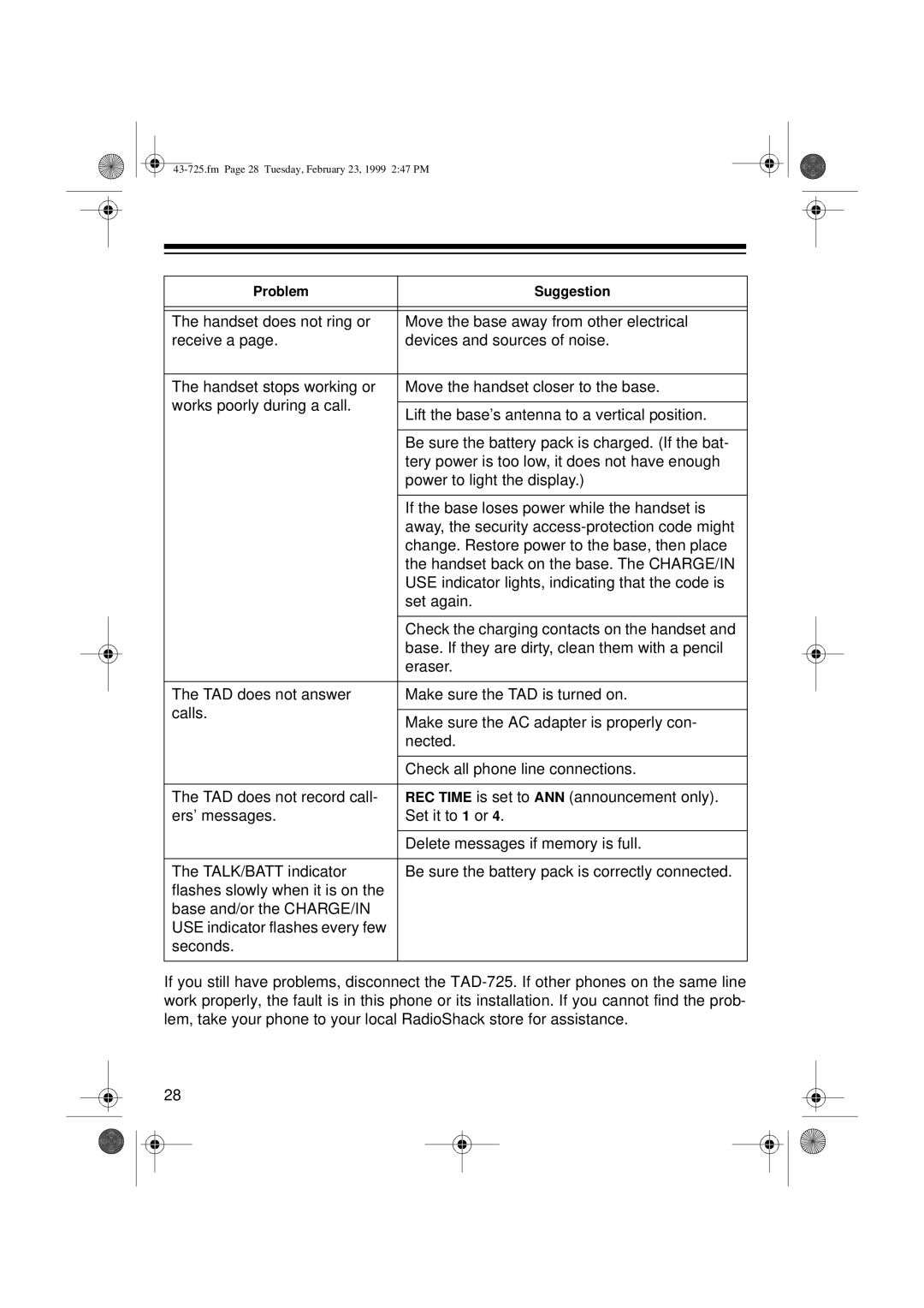 Radio Shack TAD-725 owner manual Fm Page 28 Tuesday, February 23, 1999 247 PM 