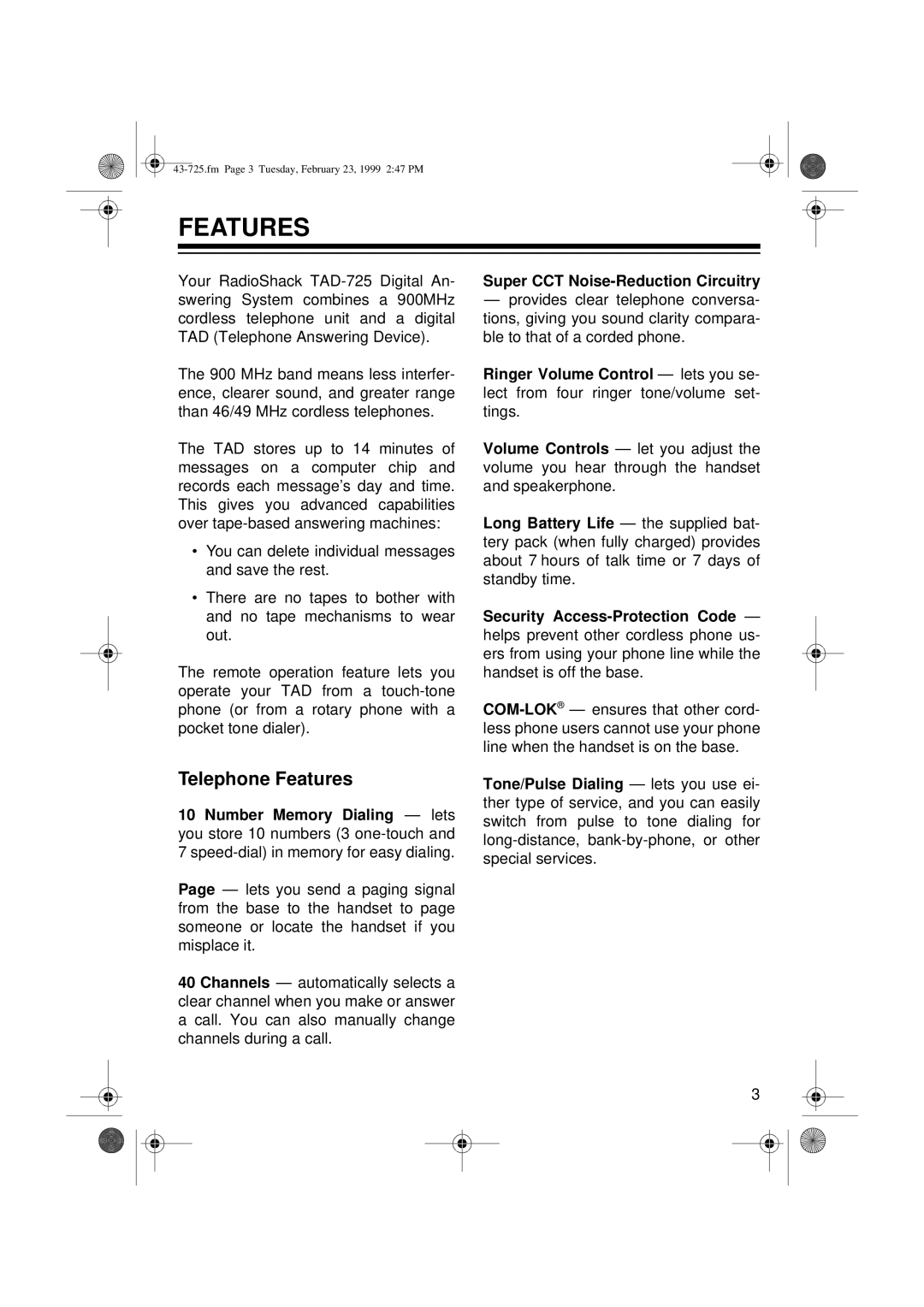 Radio Shack TAD-725 owner manual Telephone Features 