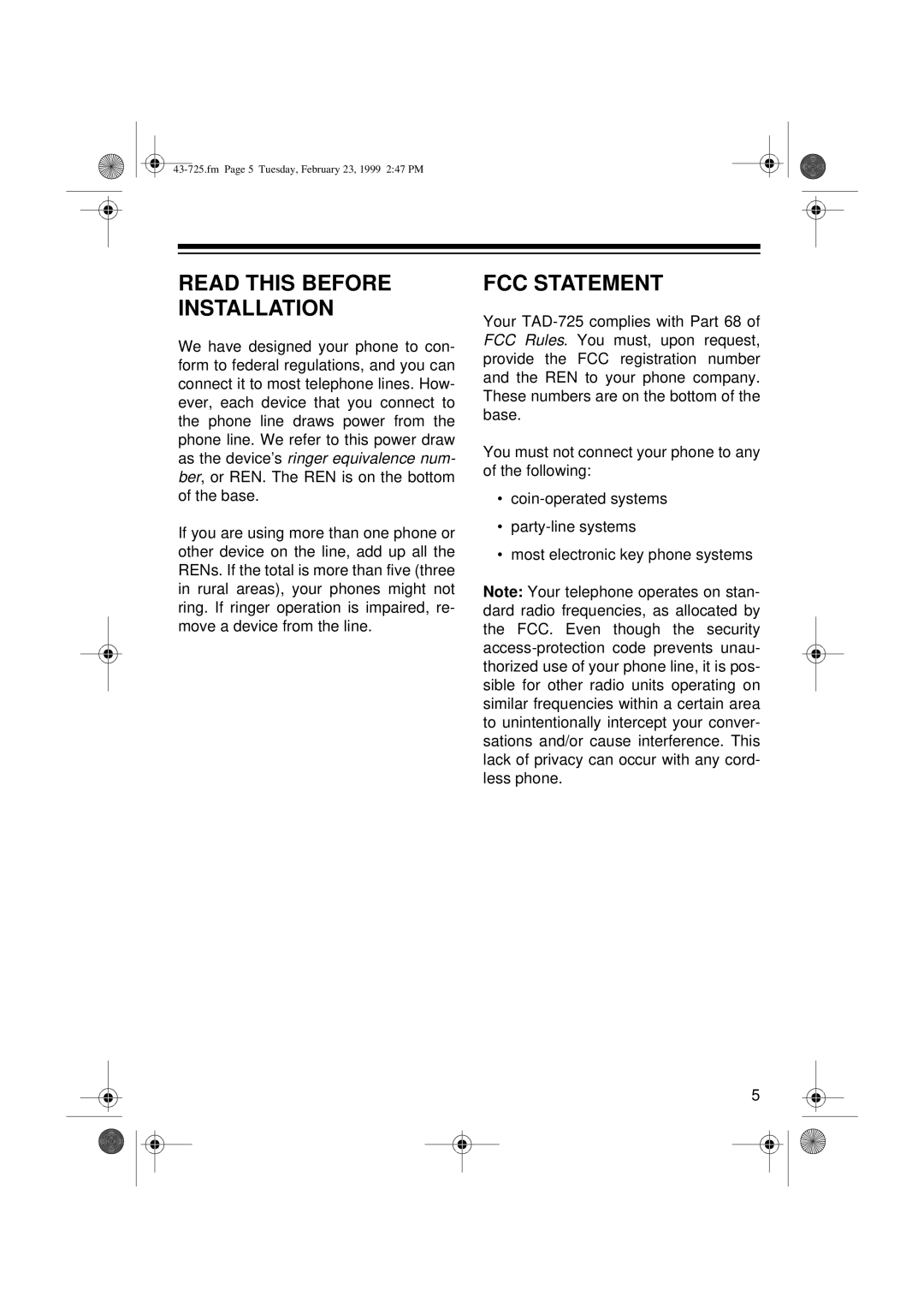 Radio Shack TAD-725 owner manual Read this Before Installation, FCC Statement 