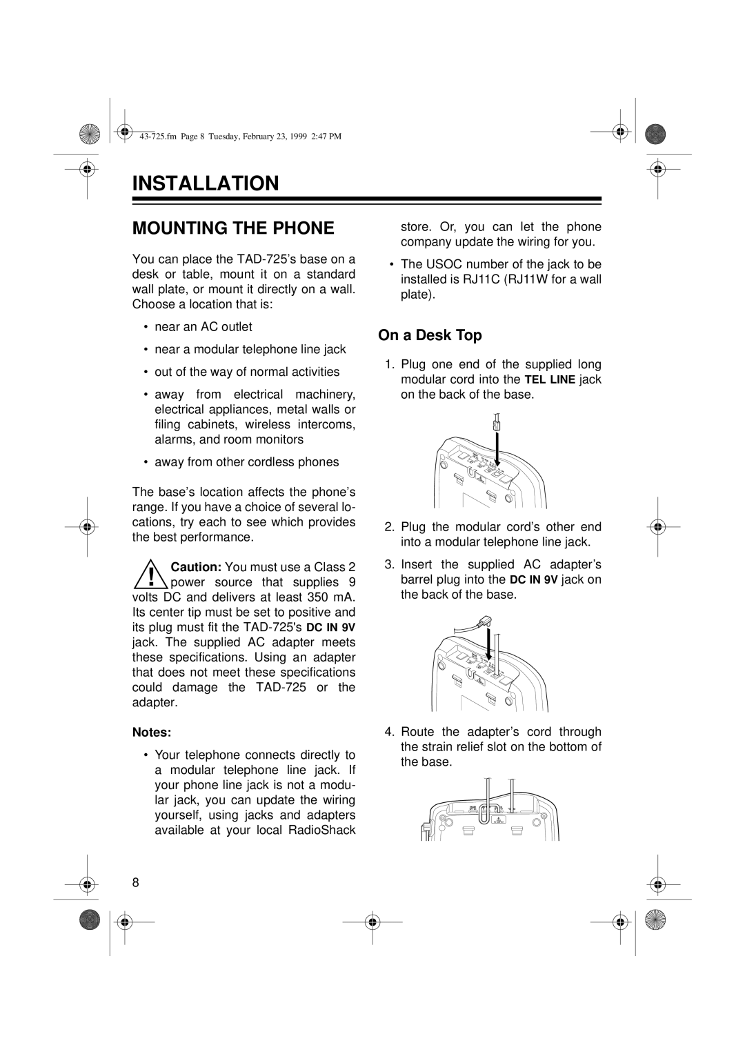 Radio Shack TAD-725 owner manual Installation, Mounting the Phone, On a Desk Top 