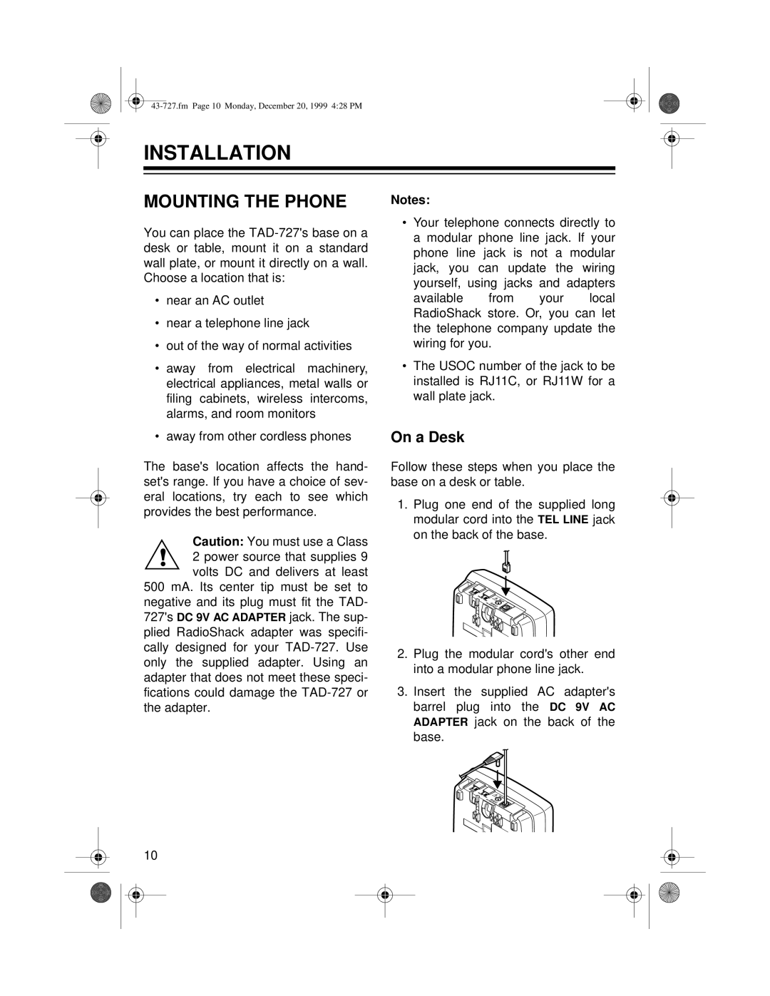 Radio Shack TAD-727 owner manual Installation, Mounting the Phone, On a Desk 