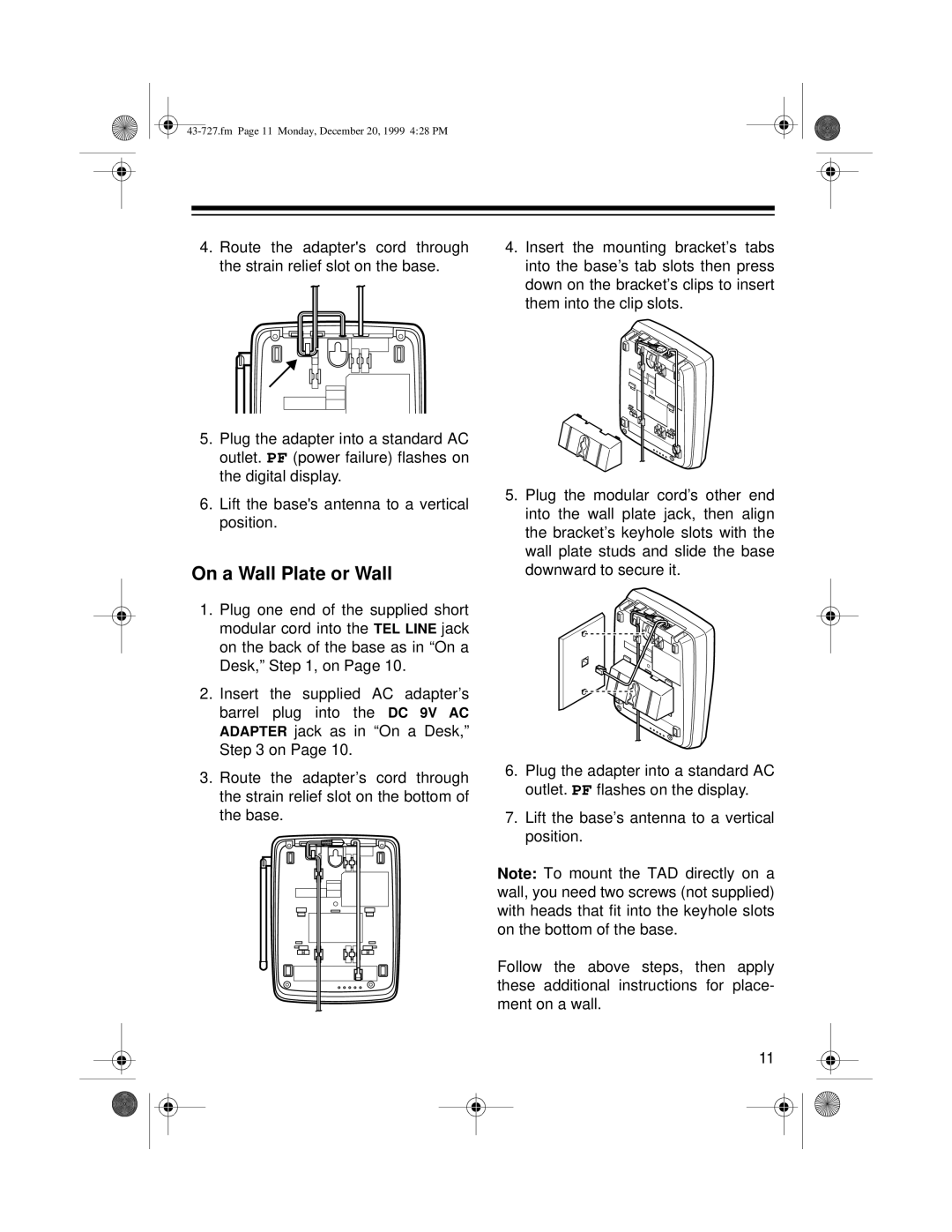 Radio Shack TAD-727 owner manual On a Wall Plate or Wall 