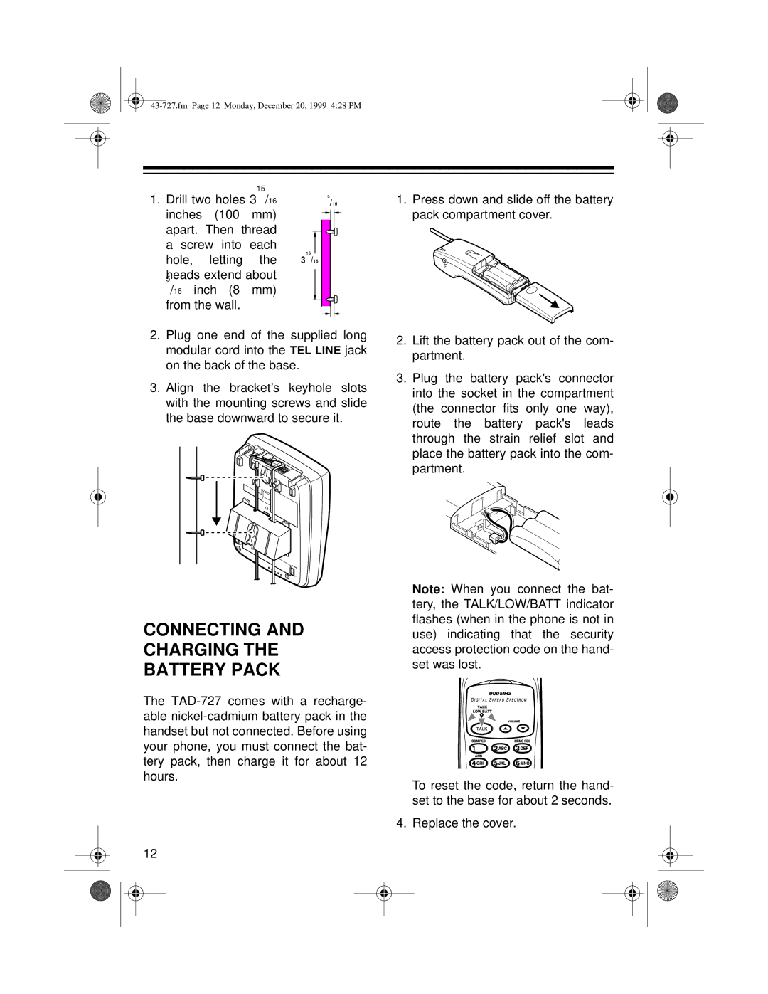 Radio Shack TAD-727 owner manual Connecting Charging Battery Pack 