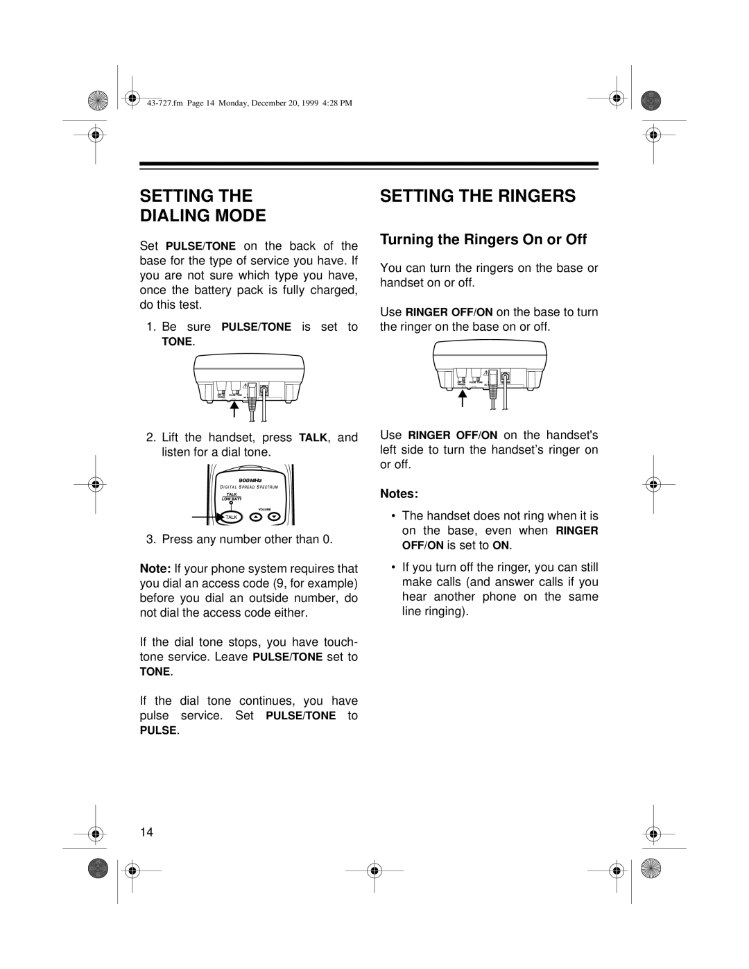 Radio Shack TAD-727 owner manual Setting Dialing Mode, Setting the Ringers, Turning the Ringers On or Off 