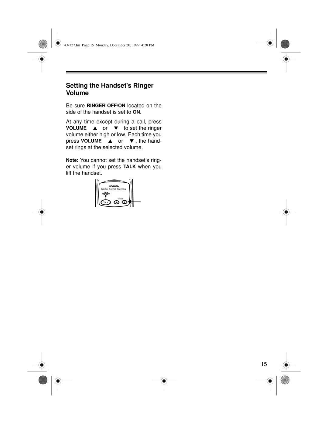 Radio Shack TAD-727 owner manual Setting the Handsets Ringer Volume 