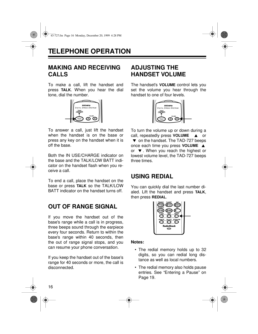 Radio Shack TAD-727 owner manual Telephone Operation, Making and Receiving Calls, Adjusting Handset Volume, Using Redial 