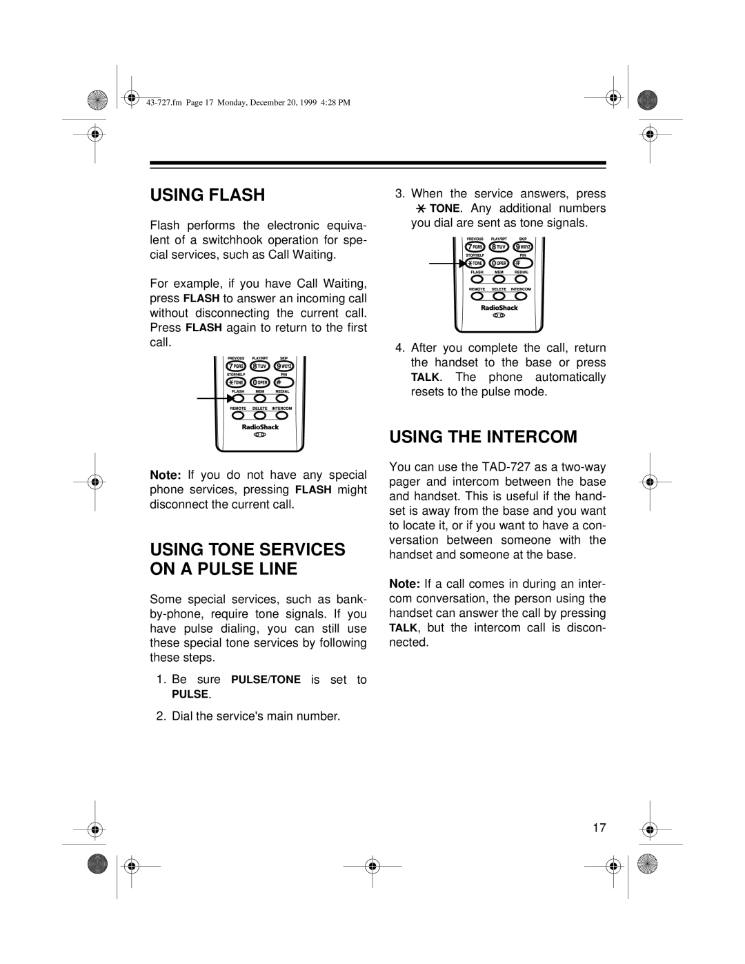 Radio Shack TAD-727 owner manual Using Flash, Using the Intercom 