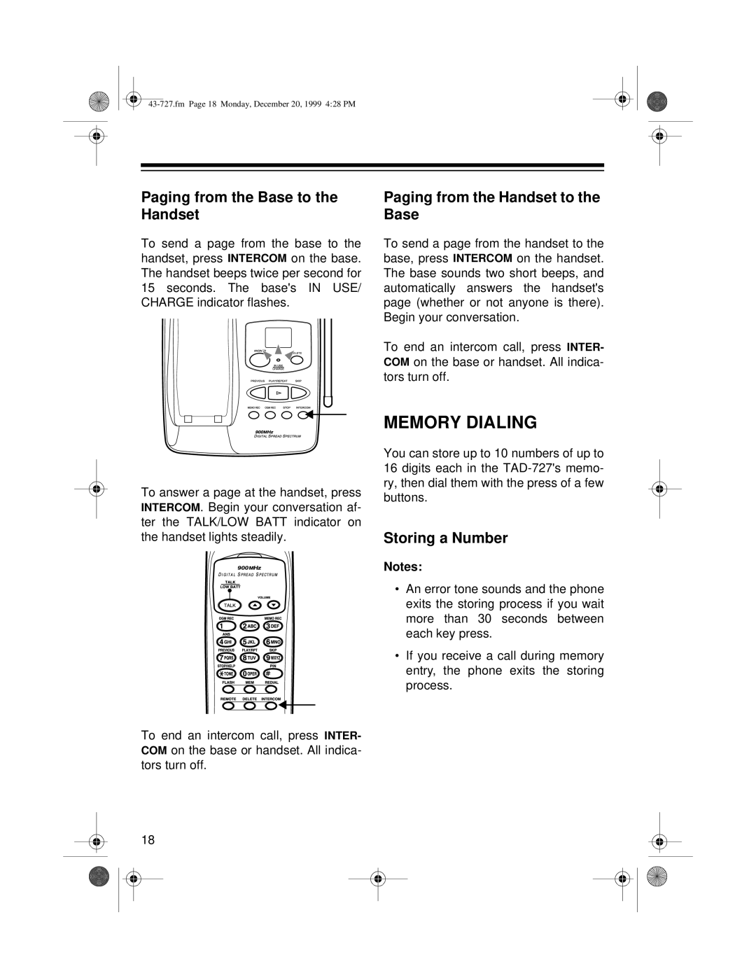 Radio Shack TAD-727 owner manual Memory Dialing, Paging from the Base to the Handset, Paging from the Handset to the Base 