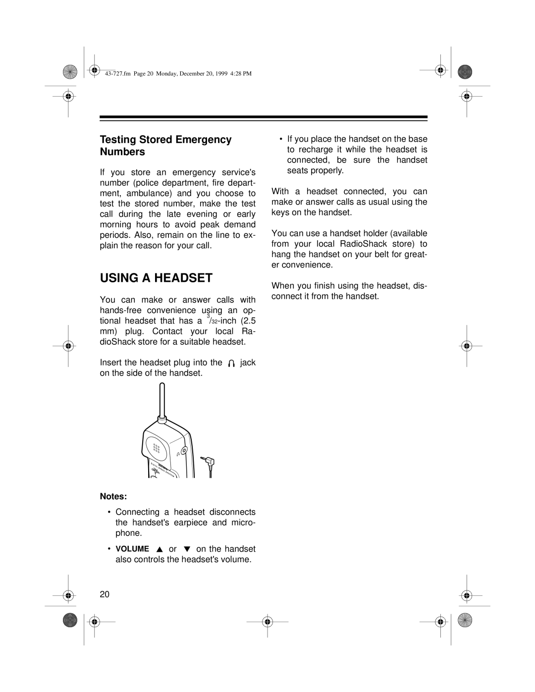 Radio Shack TAD-727 owner manual Using a Headset, Testing Stored Emergency Numbers 