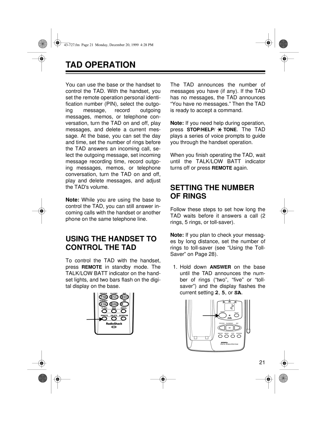 Radio Shack TAD-727 owner manual TAD Operation, Using the Handset to Control the TAD, Setting the Number of Rings 