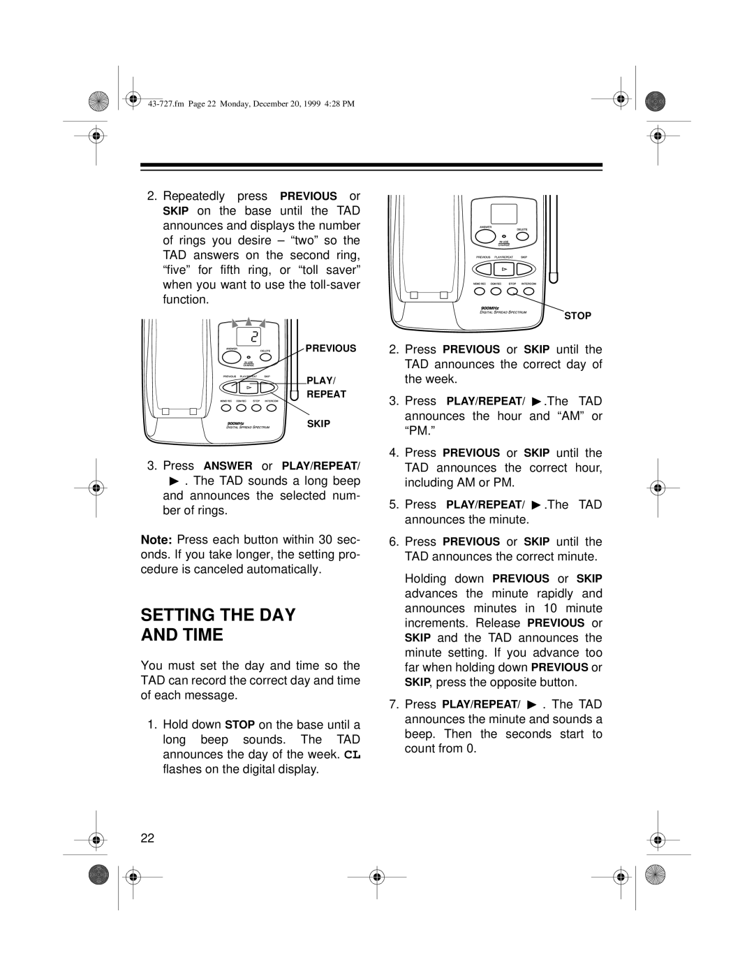 Radio Shack TAD-727 owner manual Setting the DAY Time 