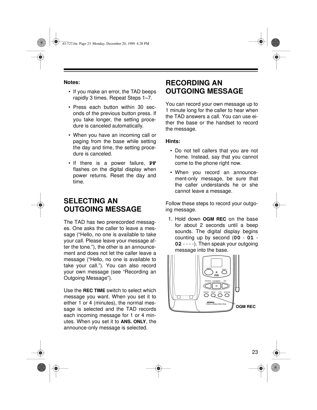 Radio Shack TAD-727 owner manual Selecting AN Outgoing Message 