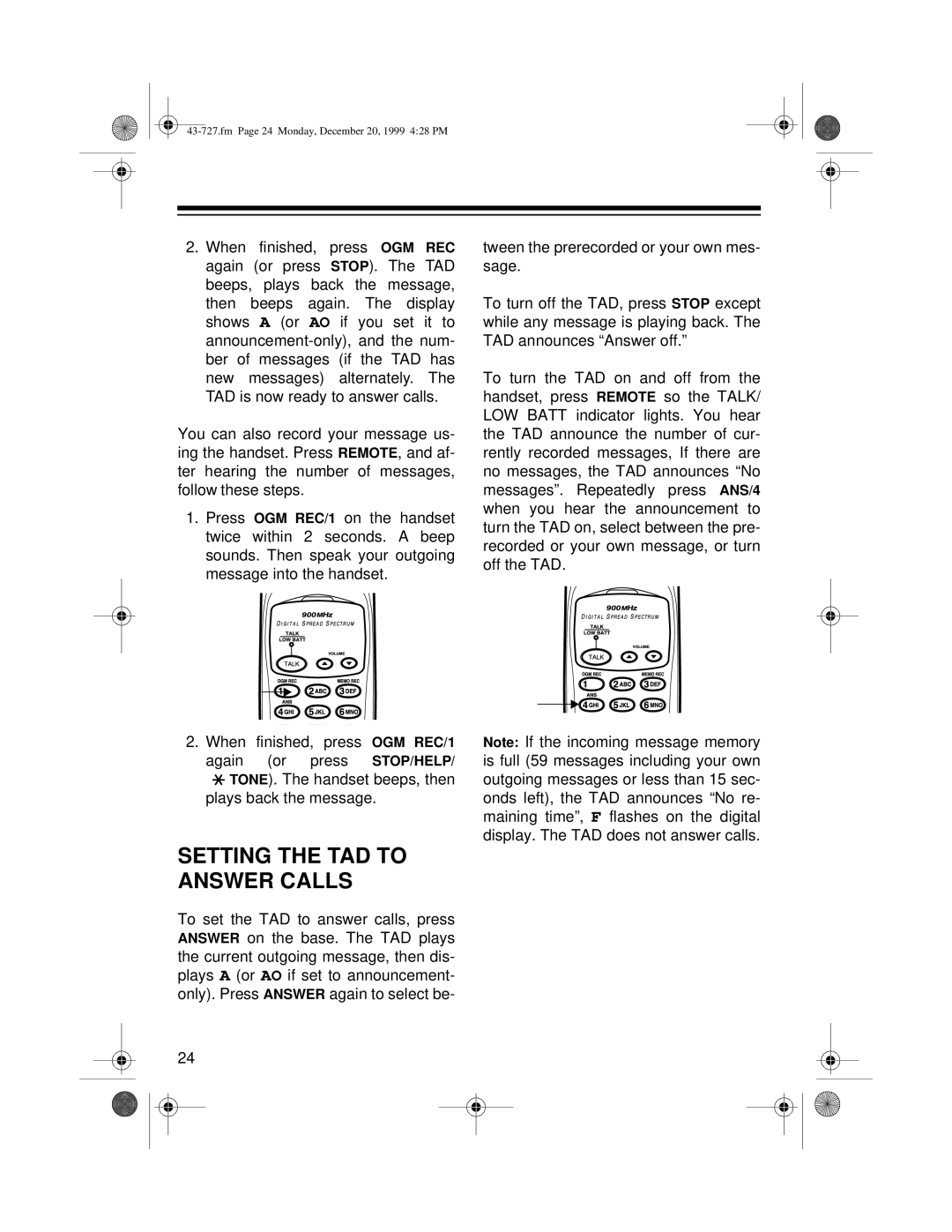 Radio Shack TAD-727 owner manual Setting the TAD to Answer Calls 