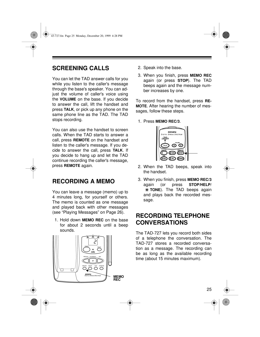 Radio Shack TAD-727 owner manual Screening Calls, Recording a Memo 