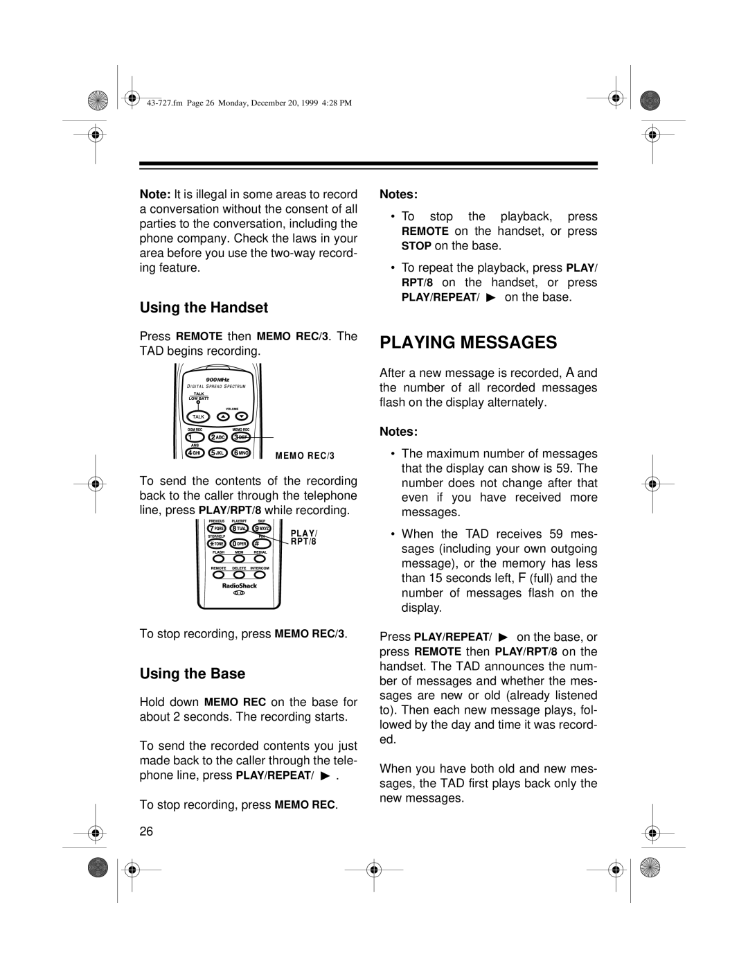 Radio Shack TAD-727 owner manual Playing Messages, Using the Handset, Using the Base 