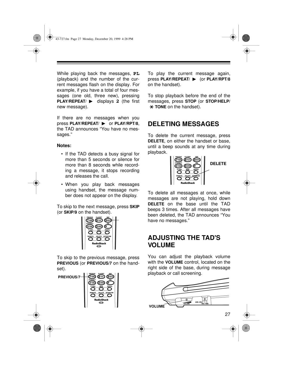 Radio Shack TAD-727 owner manual Deleting Messages, Adjusting the Tads Volume 