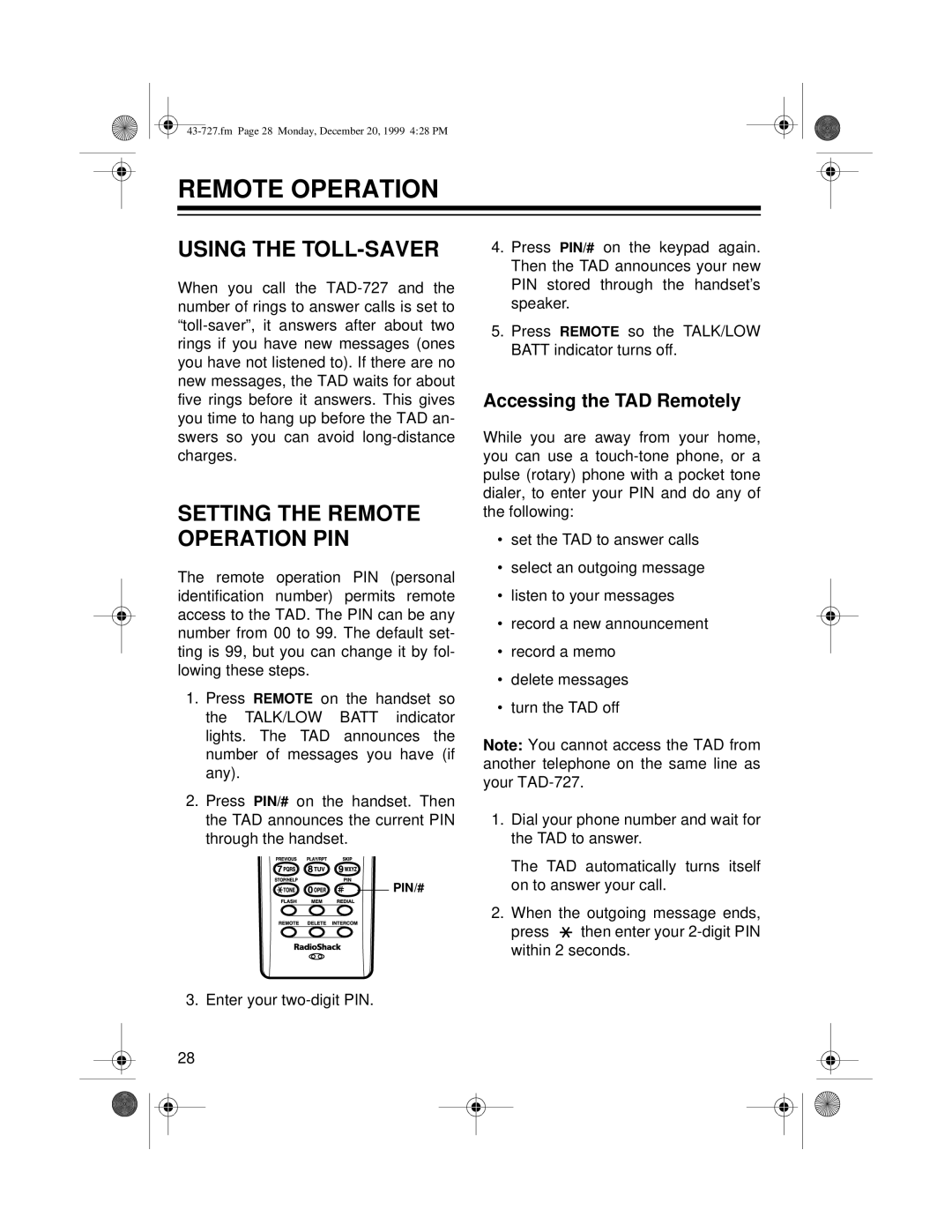 Radio Shack TAD-727 owner manual Remote Operation, Using the TOLL-SAVER, Accessing the TAD Remotely 