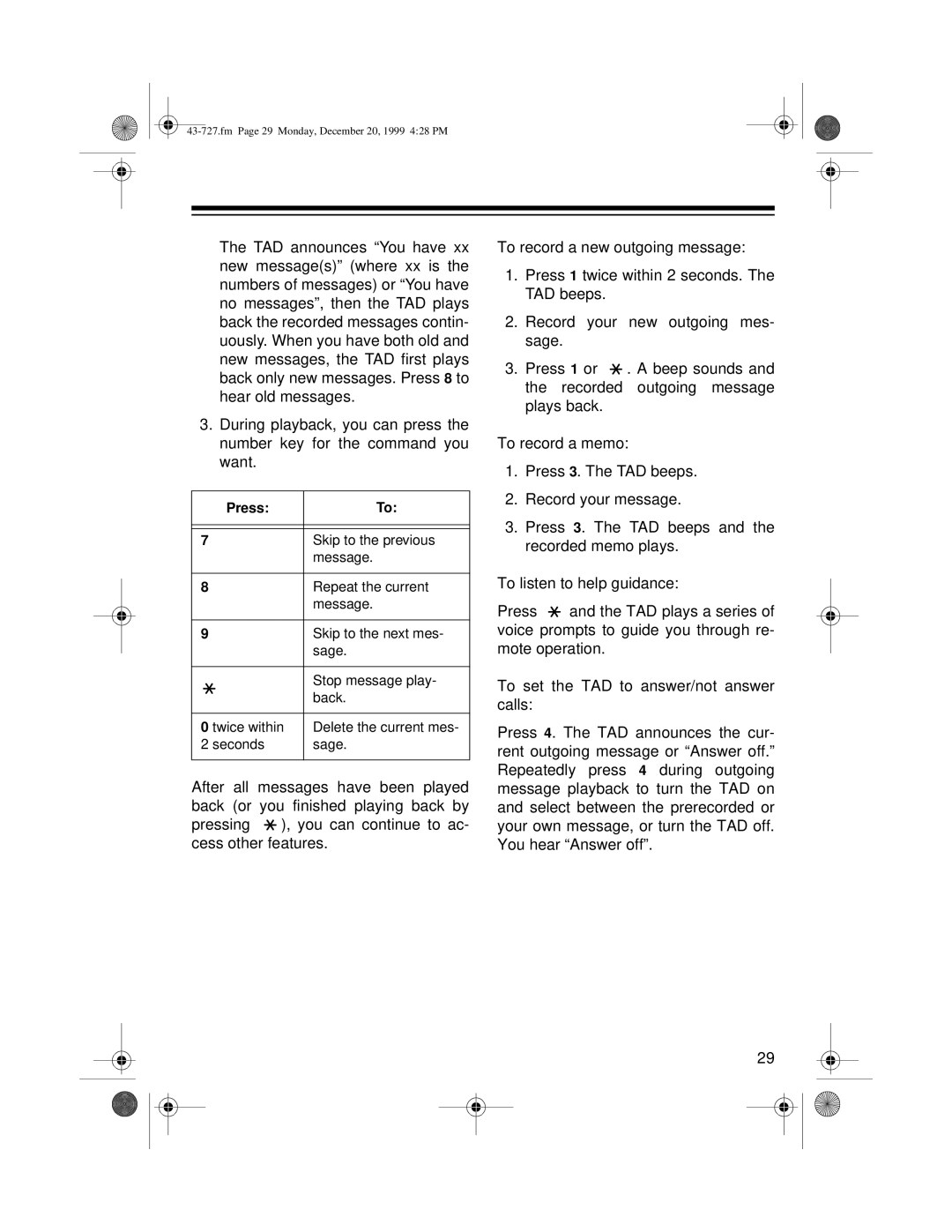 Radio Shack TAD-727 owner manual Press 