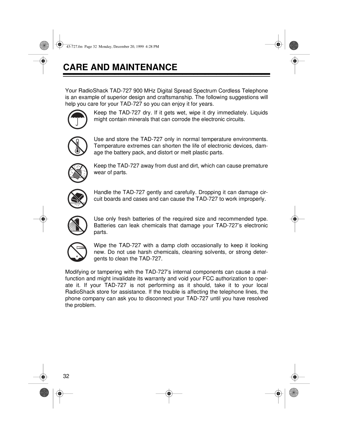 Radio Shack TAD-727 owner manual Care and Maintenance 