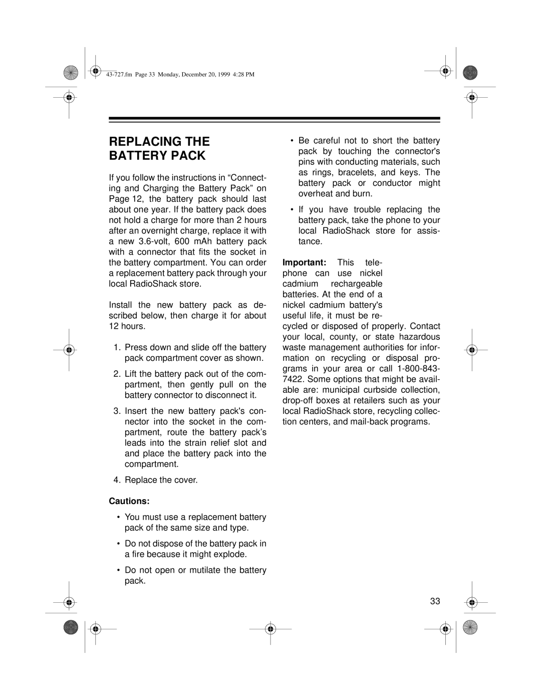 Radio Shack TAD-727 owner manual Replacing Battery Pack 