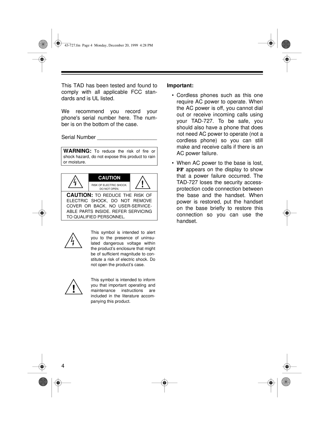 Radio Shack TAD-727 owner manual Fm Page 4 Monday, December 20, 1999 428 PM 