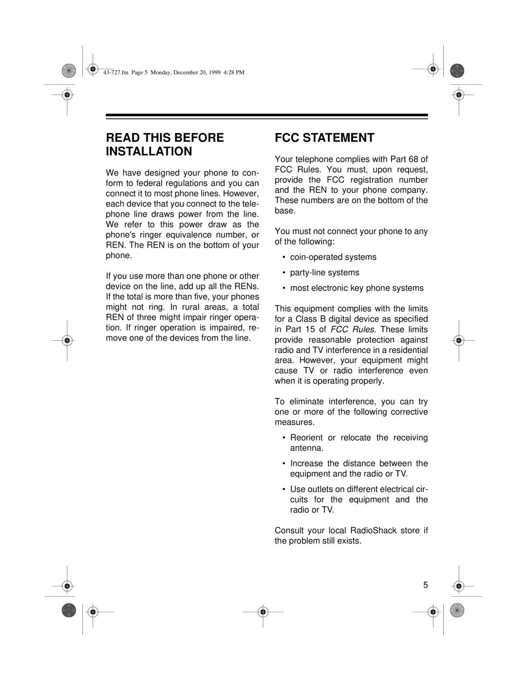 Radio Shack TAD-727 owner manual Read this Before Installation, FCC Statement 