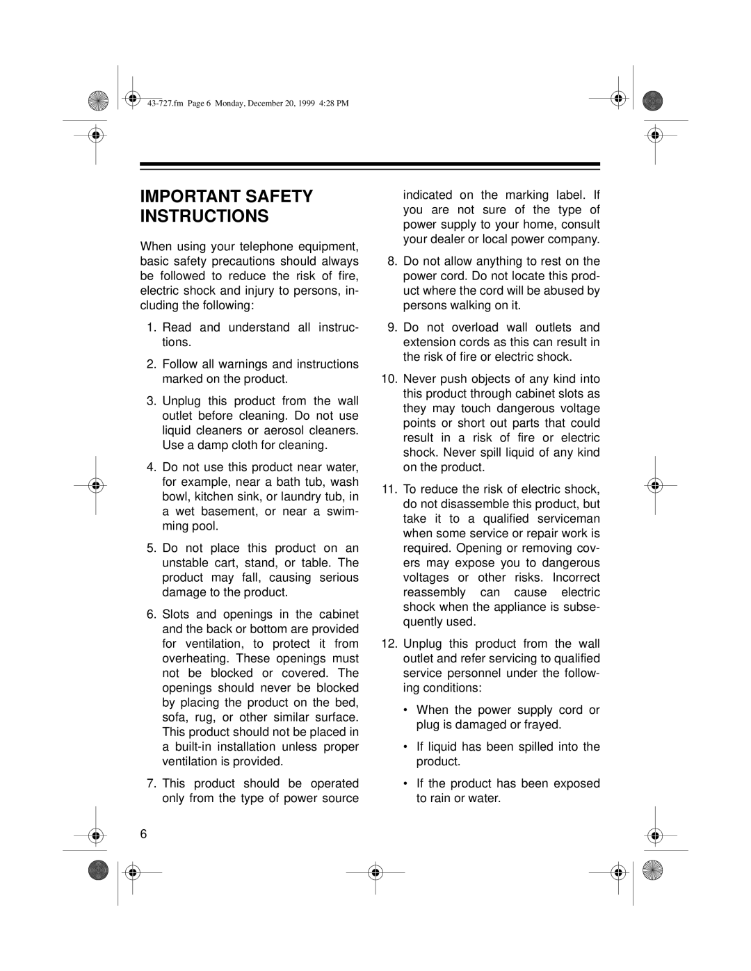 Radio Shack TAD-727 owner manual Important Safety Instructions 