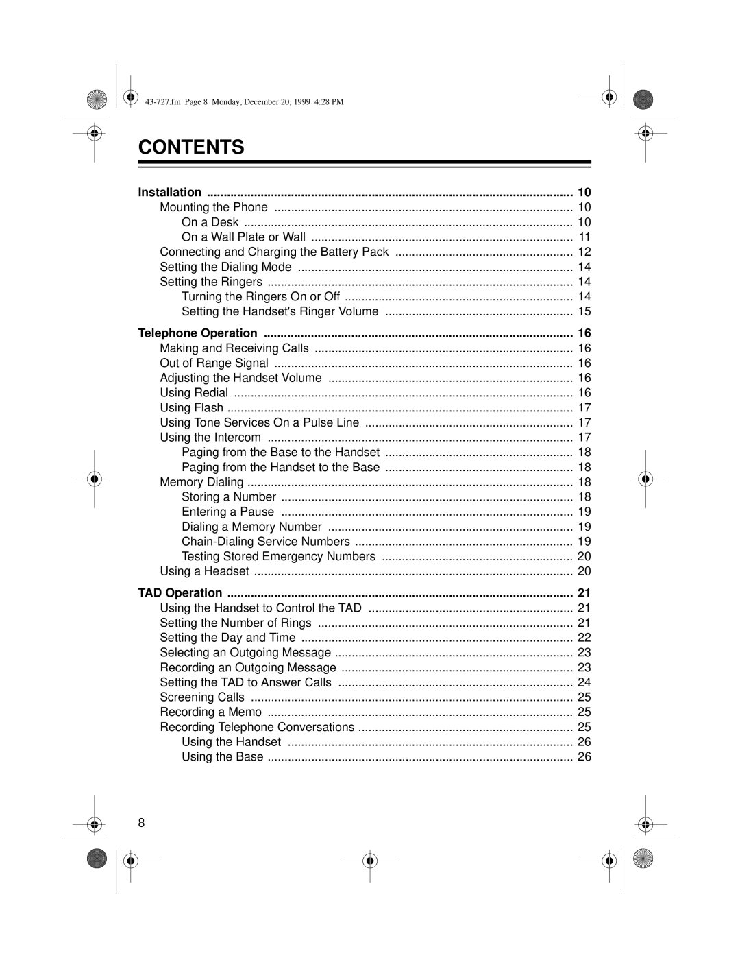 Radio Shack TAD-727 owner manual Contents 