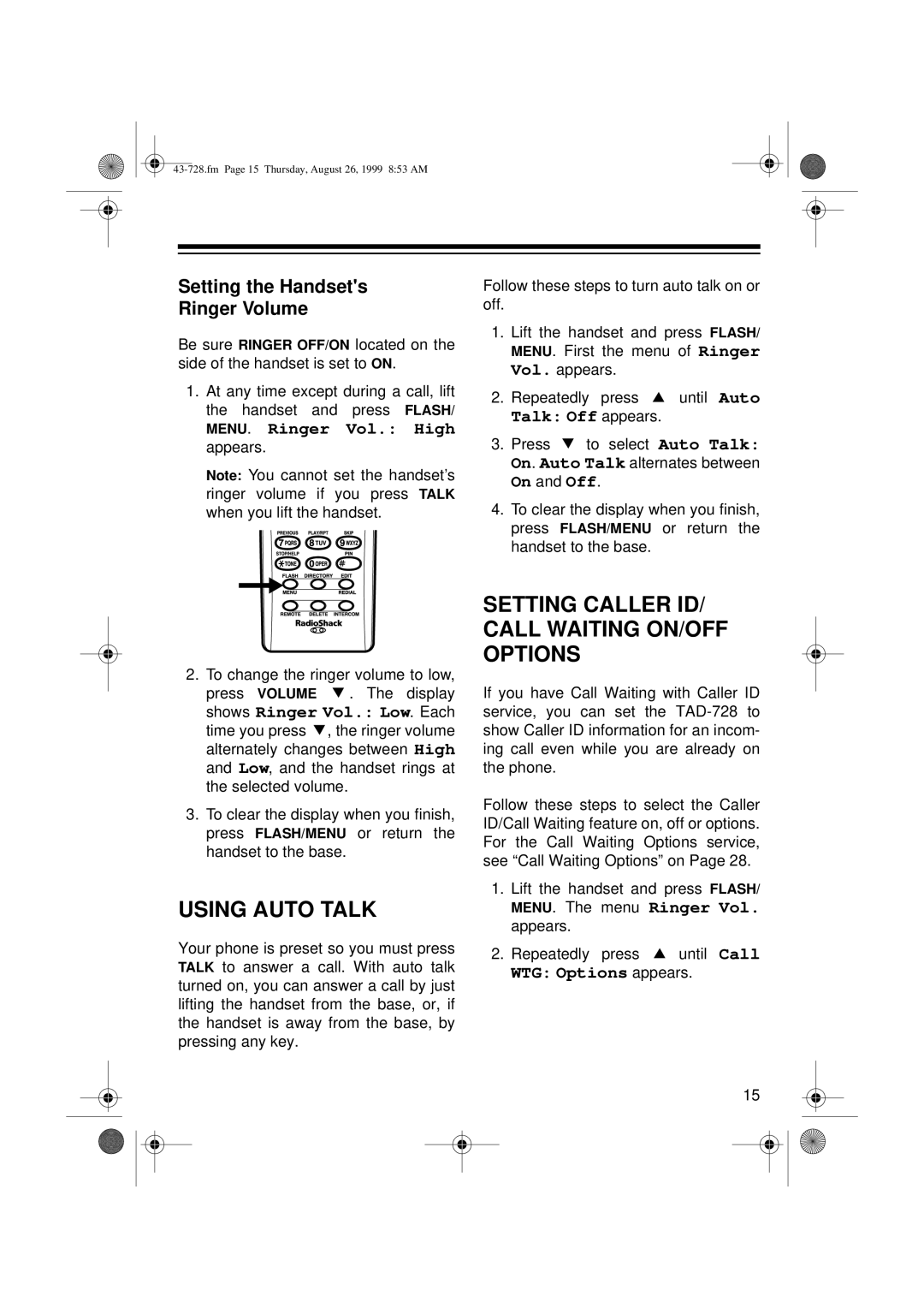 Radio Shack TAD-728 Using Auto Talk, Setting Caller ID/ Call Waiting ON/OFF Options, Setting the Handsets Ringer Volume 