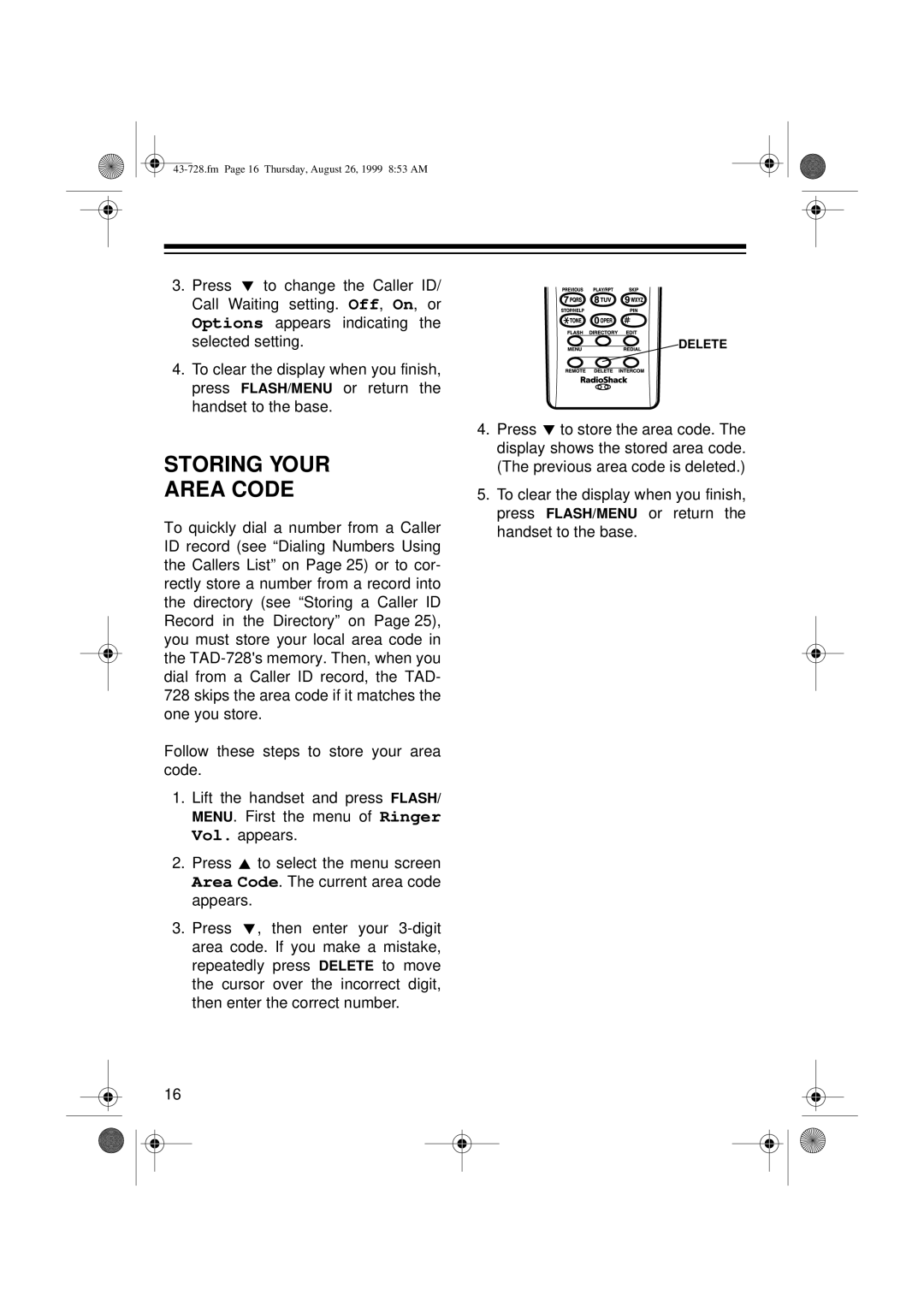 Radio Shack TAD-728 owner manual Storing Your Area Code 