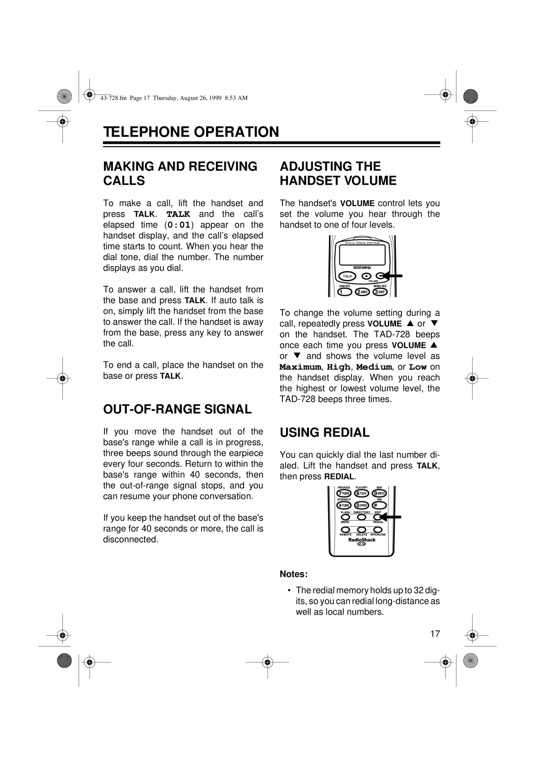 Radio Shack TAD-728 Telephone Operation, Making and Receiving Calls, Adjusting Handset Volume, OUT-OF-RANGE Signal 