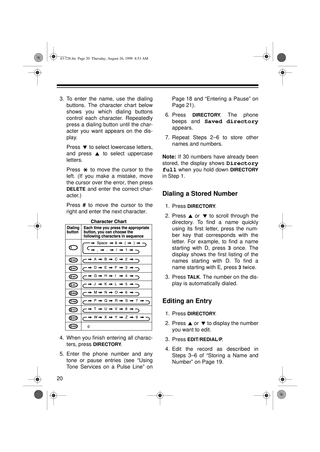 Radio Shack TAD-728 owner manual Dialing a Stored Number, Editing an Entry 