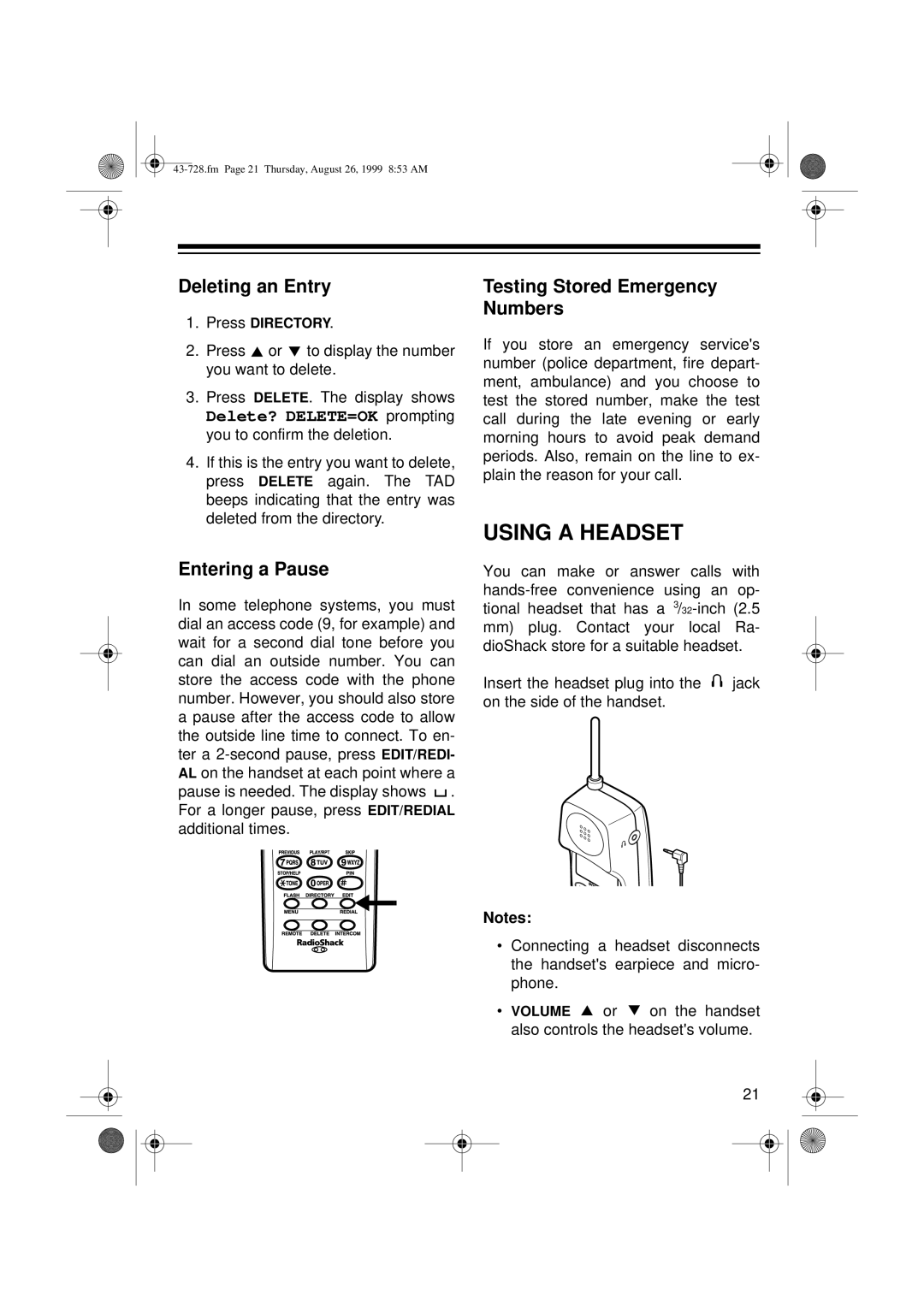 Radio Shack TAD-728 owner manual Using a Headset, Deleting an Entry, Entering a Pause, Testing Stored Emergency Numbers 