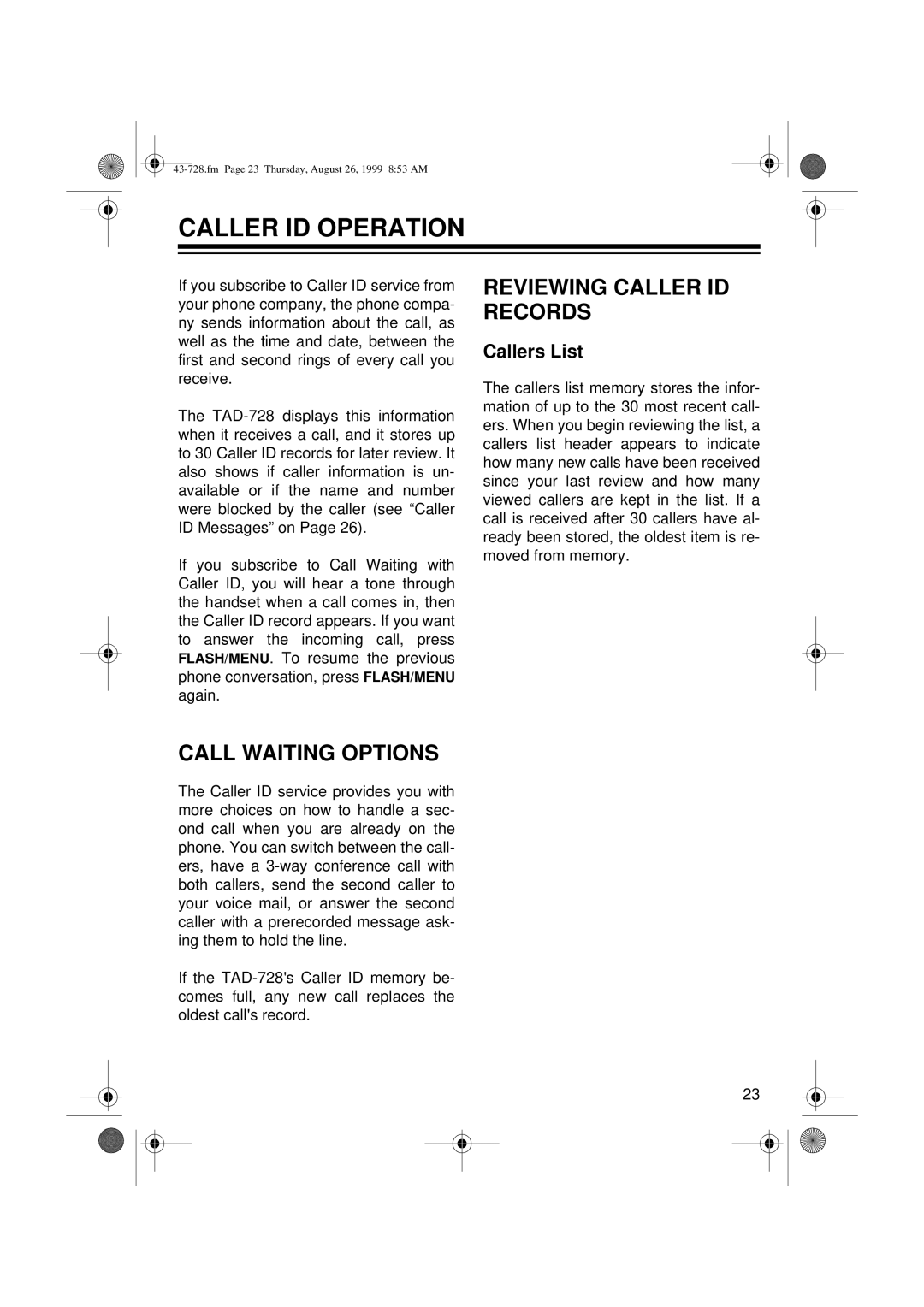 Radio Shack TAD-728 owner manual Caller ID Operation, Reviewing Caller ID Records, Call Waiting Options, Callers List 