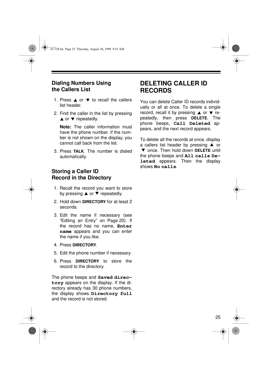 Radio Shack TAD-728 owner manual Deleting Caller ID Records, Dialing Numbers Using the Callers List, Shows No calls 