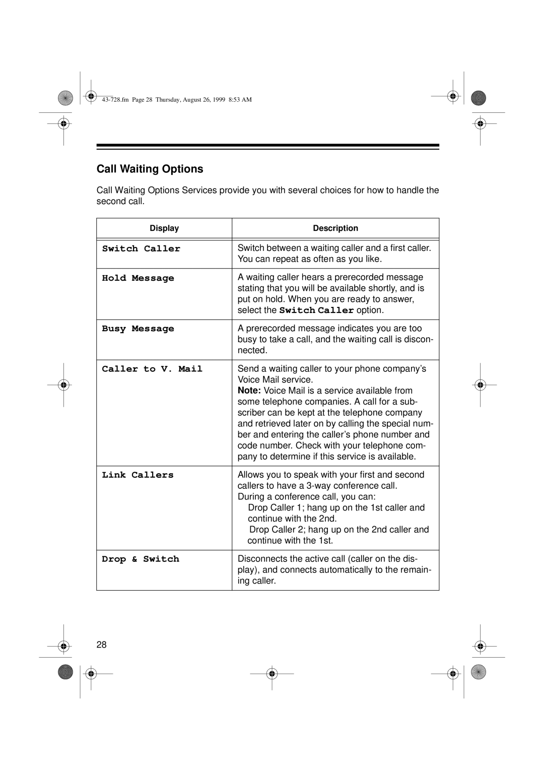 Radio Shack TAD-728 owner manual Call Waiting Options 