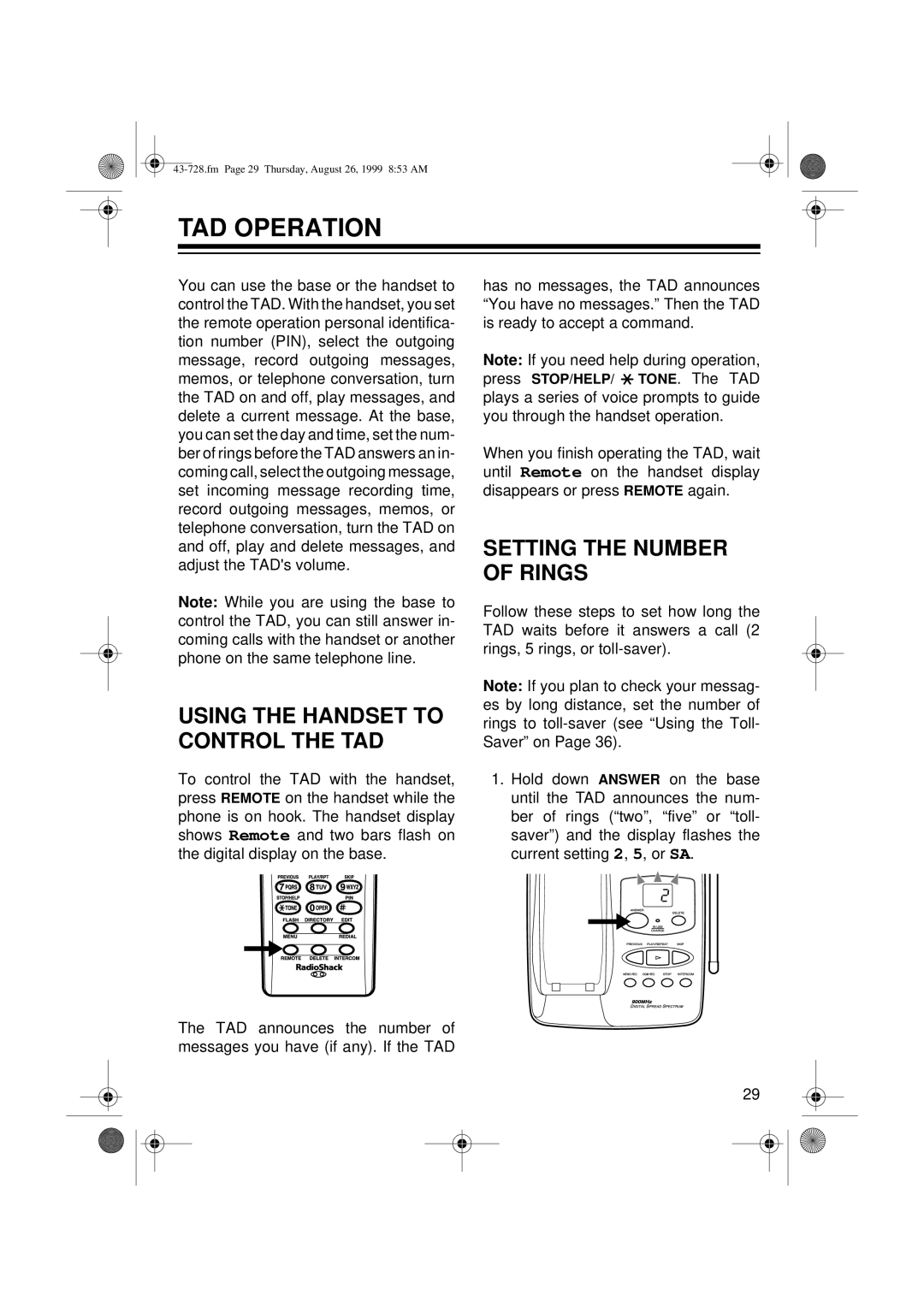 Radio Shack TAD-728 owner manual TAD Operation, Using the Handset to Control the TAD, Setting the Number of Rings 