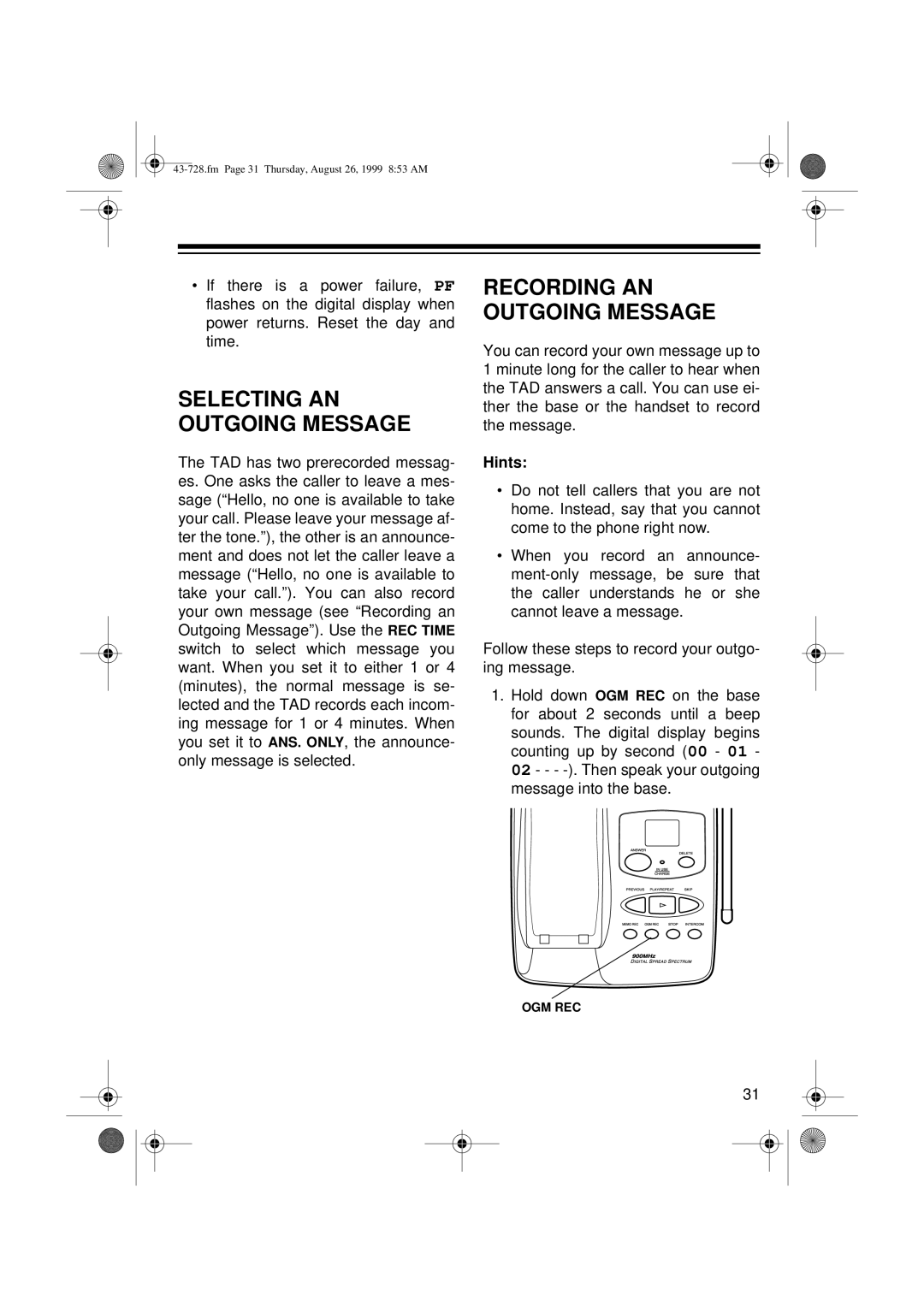 Radio Shack TAD-728 owner manual Selecting AN Outgoing Message 