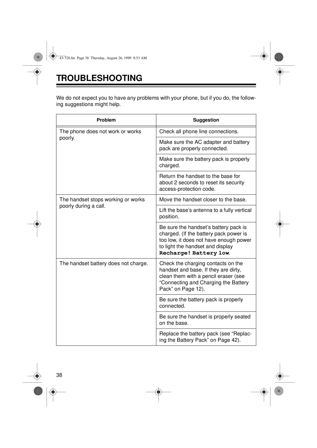 Radio Shack TAD-728 owner manual Troubleshooting, Recharge! Battery low 