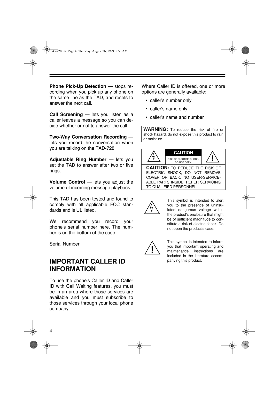 Radio Shack TAD-728 owner manual Important Caller ID Information 