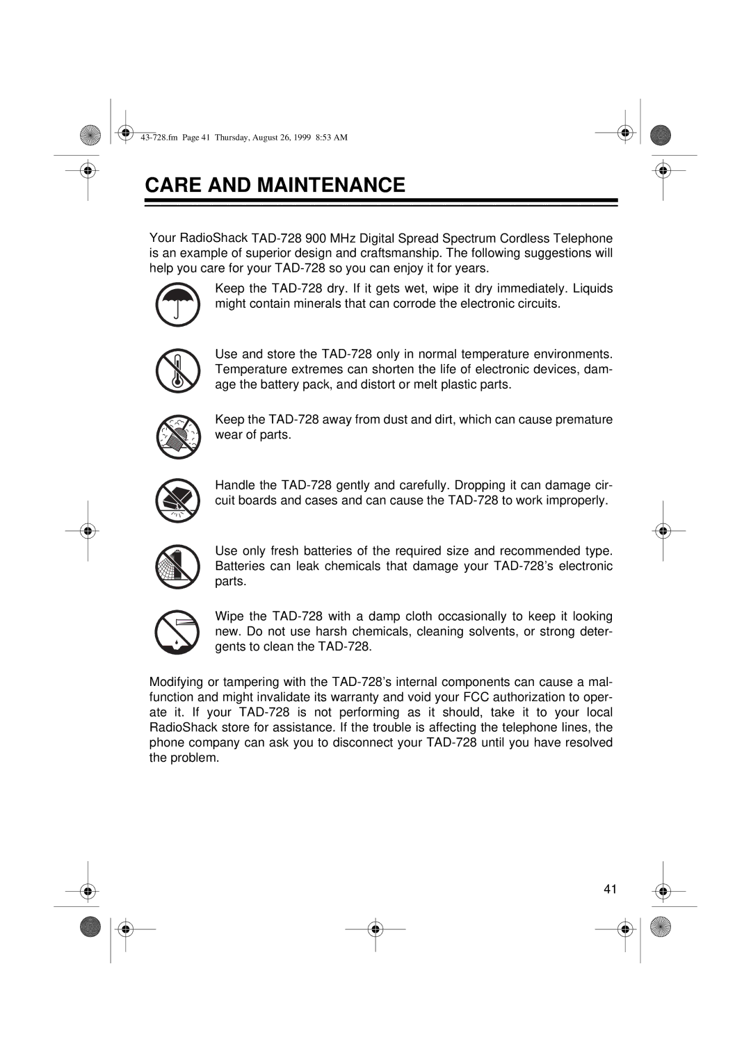 Radio Shack TAD-728 owner manual Care and Maintenance 