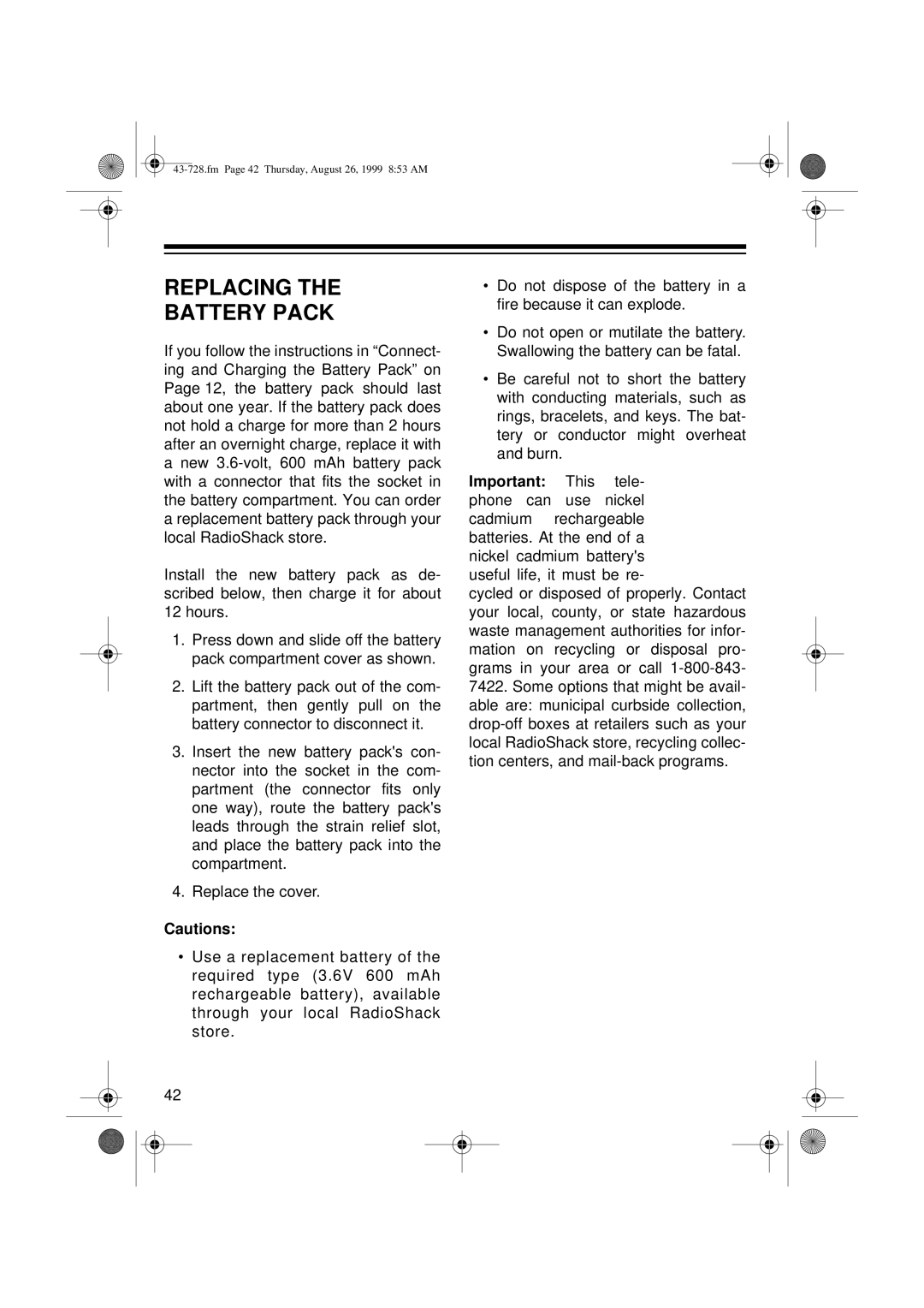 Radio Shack TAD-728 owner manual Replacing Battery Pack 