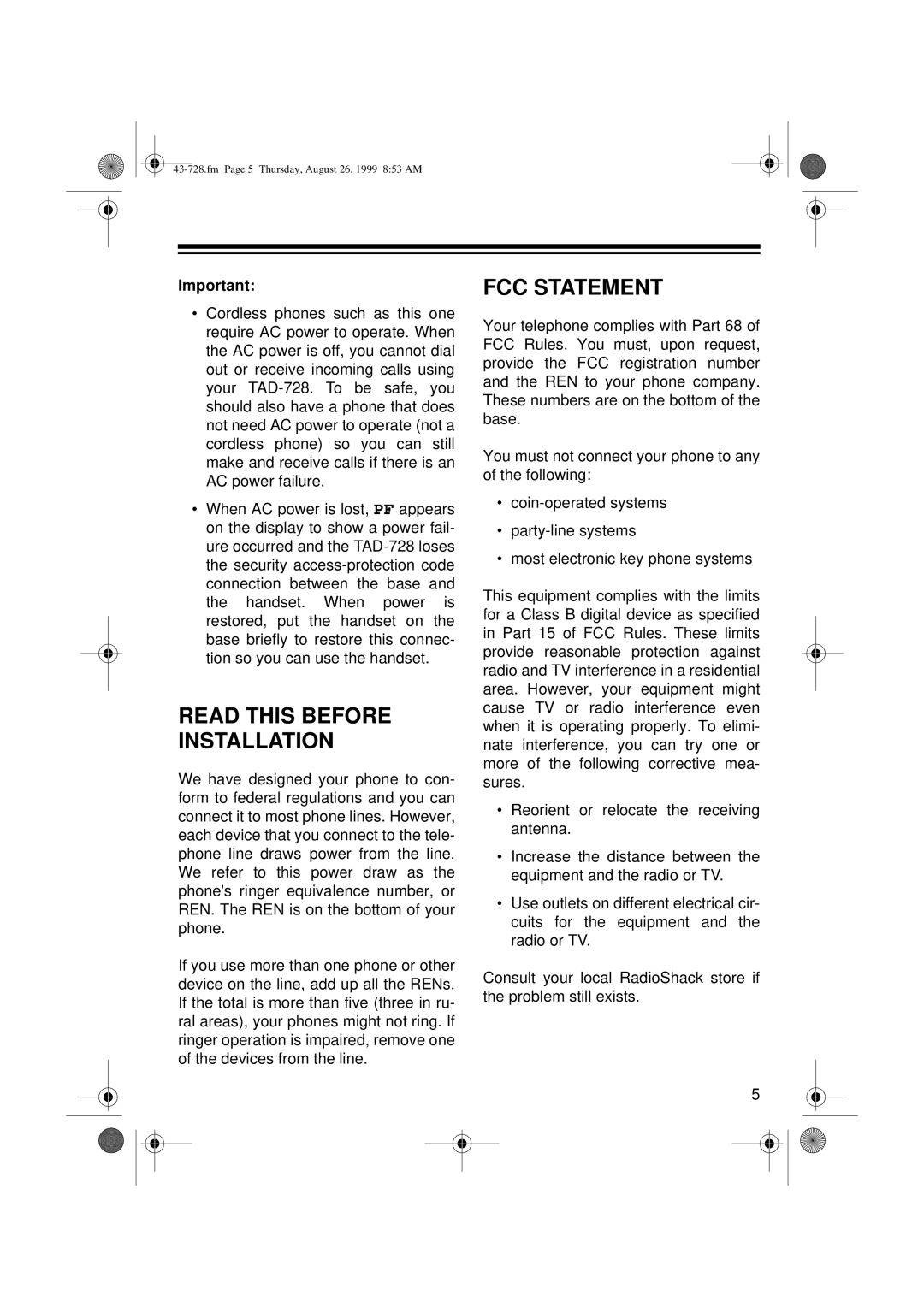 Radio Shack TAD-728 owner manual Read this Before Installation, FCC Statement 